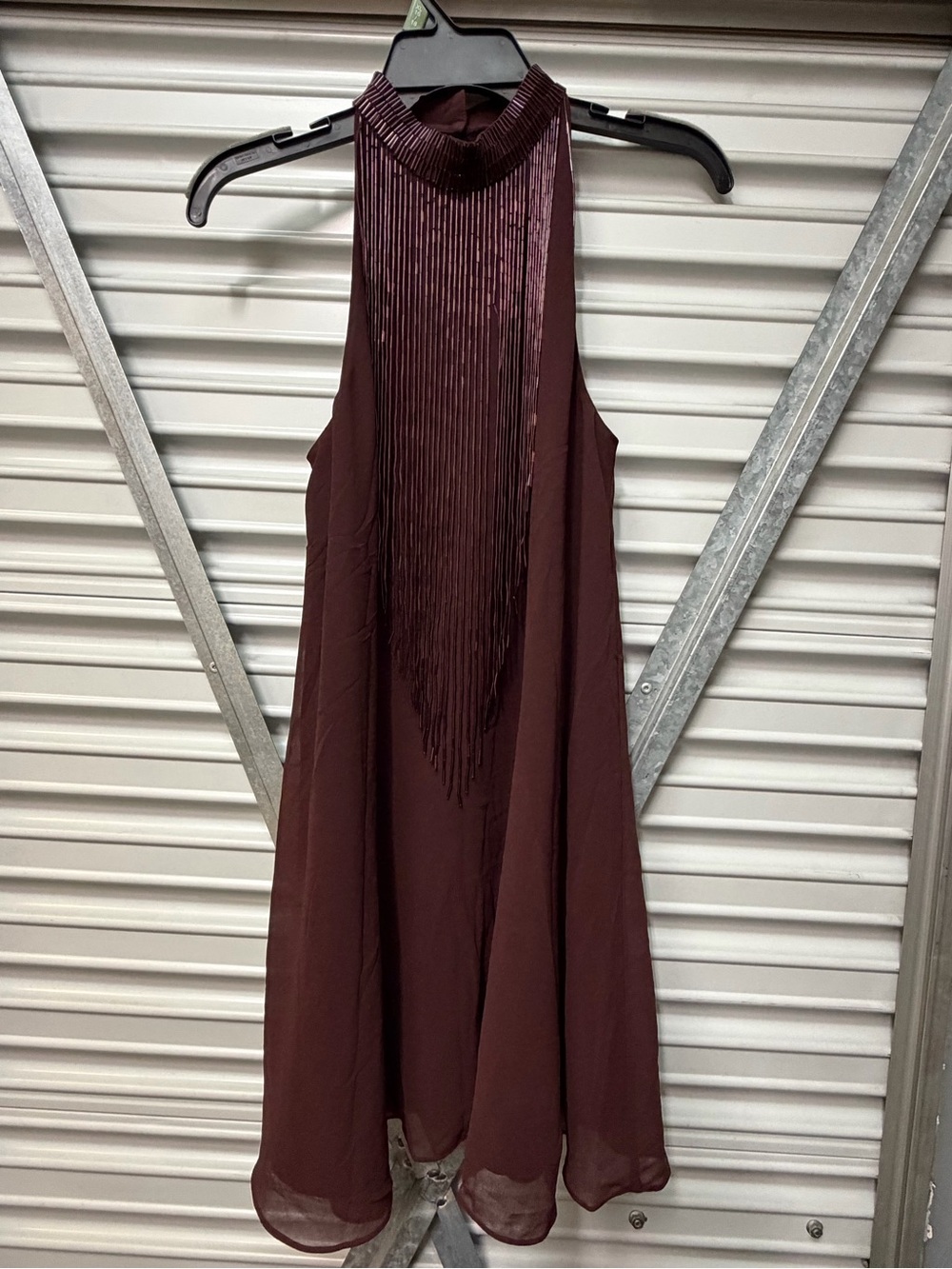 Marciano Burgundy Fringe Halter Mini Dress